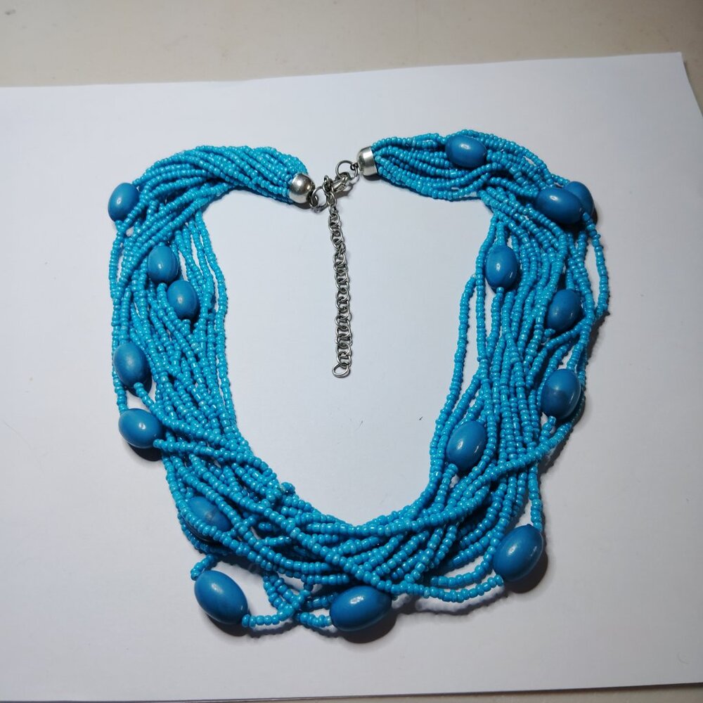 16-Strand Blue Seed Bead Necklace with Acrylic Accents, Adjustable Length